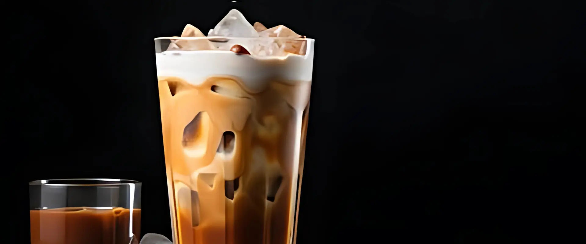 Glass of iced coffee with cream and ice cubes on a black background