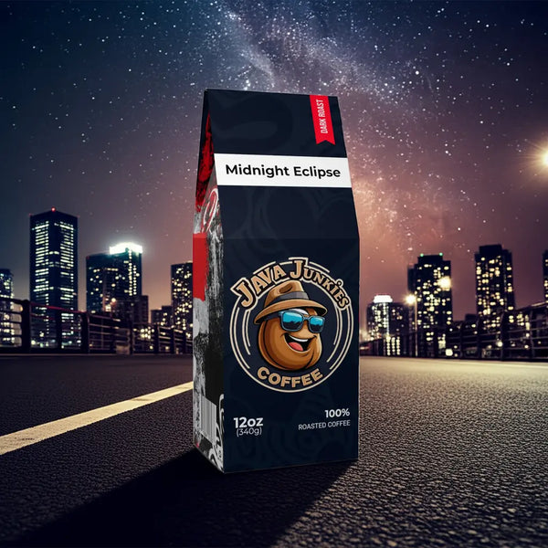 Midnight Eclipse dark roast coffee bag with cocoa and toasted nut blend, 12oz premium whole bean coffee from Java Junkies