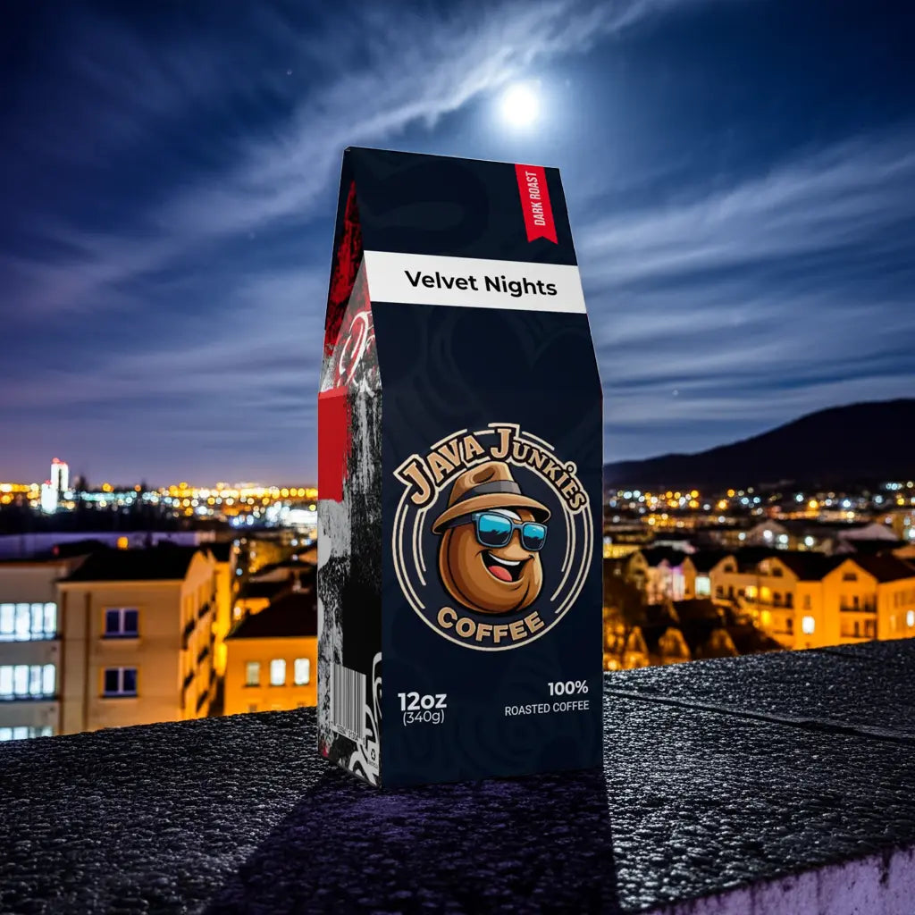 Velvet Nights dark roast coffee bag featuring chocolate and caramel notes, 12oz premium whole bean from Java Junkies