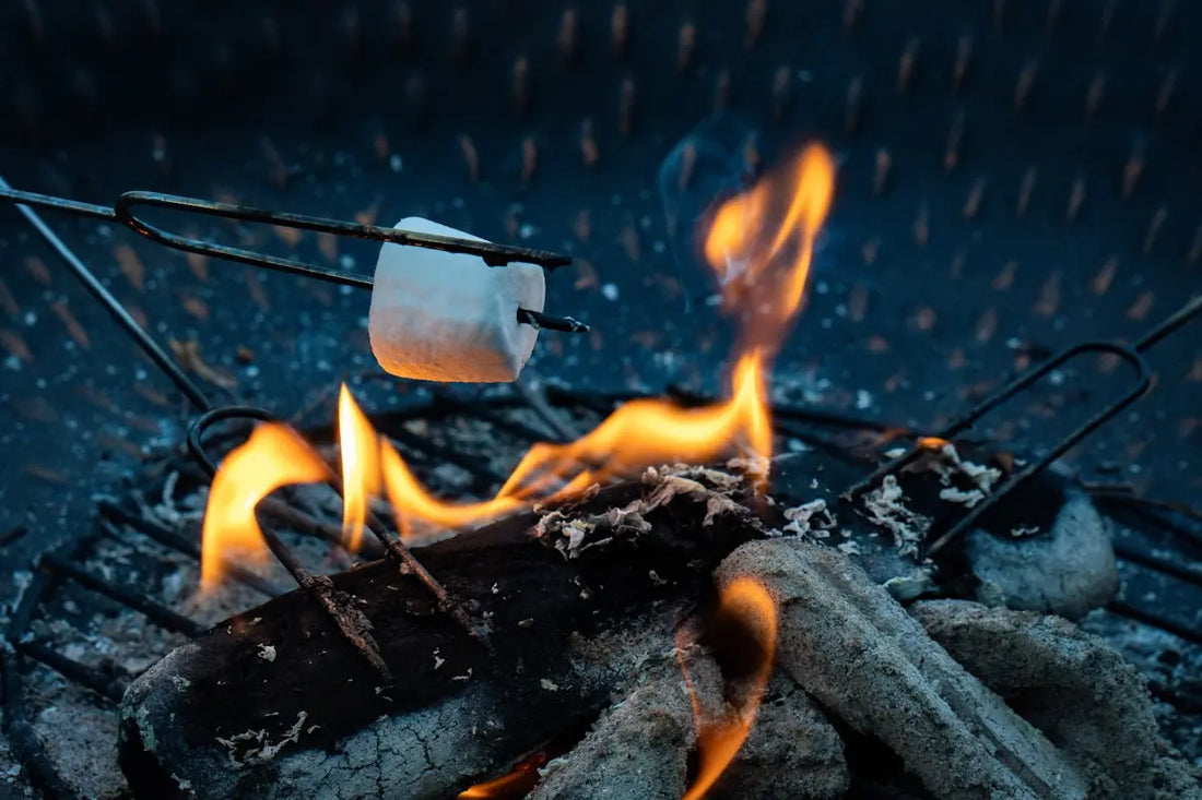 a close up of a grill with hot coals and marshmallows