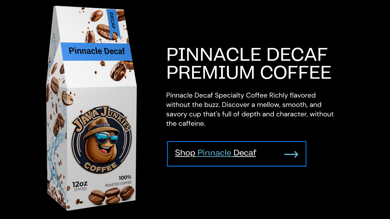 Pinnacle Decaf premium coffee package on a black background