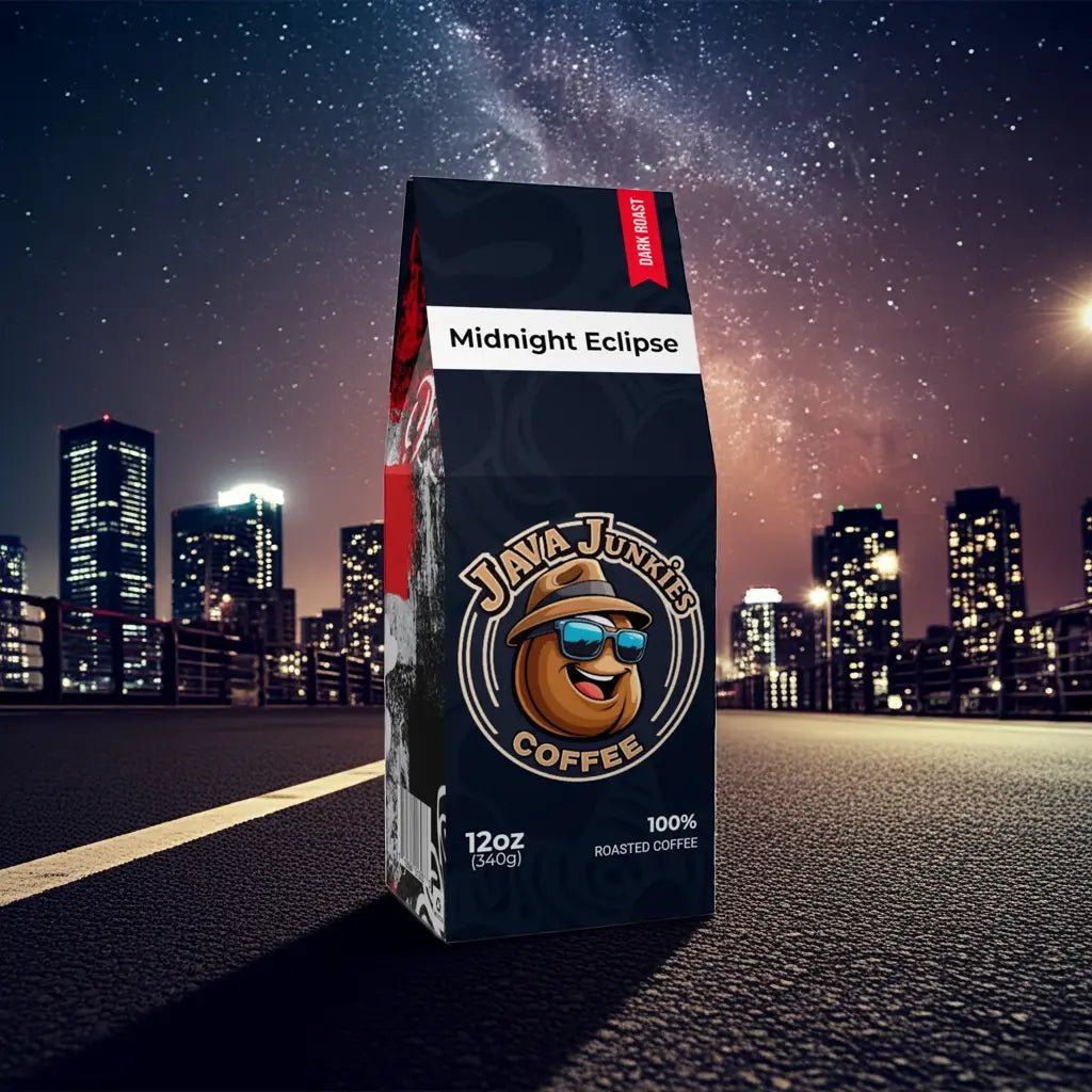 Midnight Eclipse Dark Roast Coffee - Premium Cocoa Toasted Nut Blend 12oz - Java Junkies Whole Bean Specialty Coffee