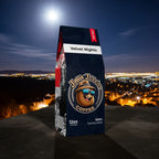 Velvet Nights dark roast coffee bag lifestyle shot showing premium packaging design