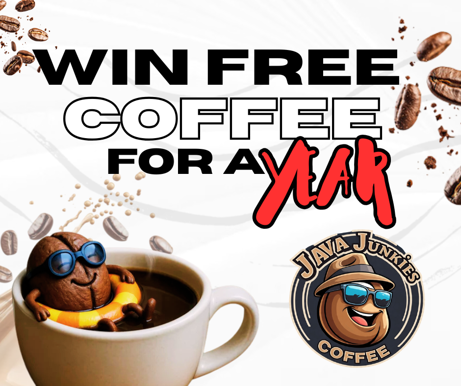 Promotional graphic for Java Junkie's Coffee with a cup of coffee, coffee beans, and a logo.