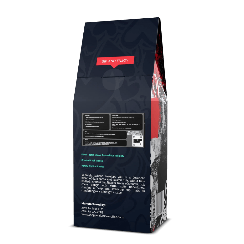 Midnight Eclipse Dark Roast Coffee - Premium Cocoa Toasted Nut Blend 12oz - Java Junkies Whole Bean Specialty Coffee