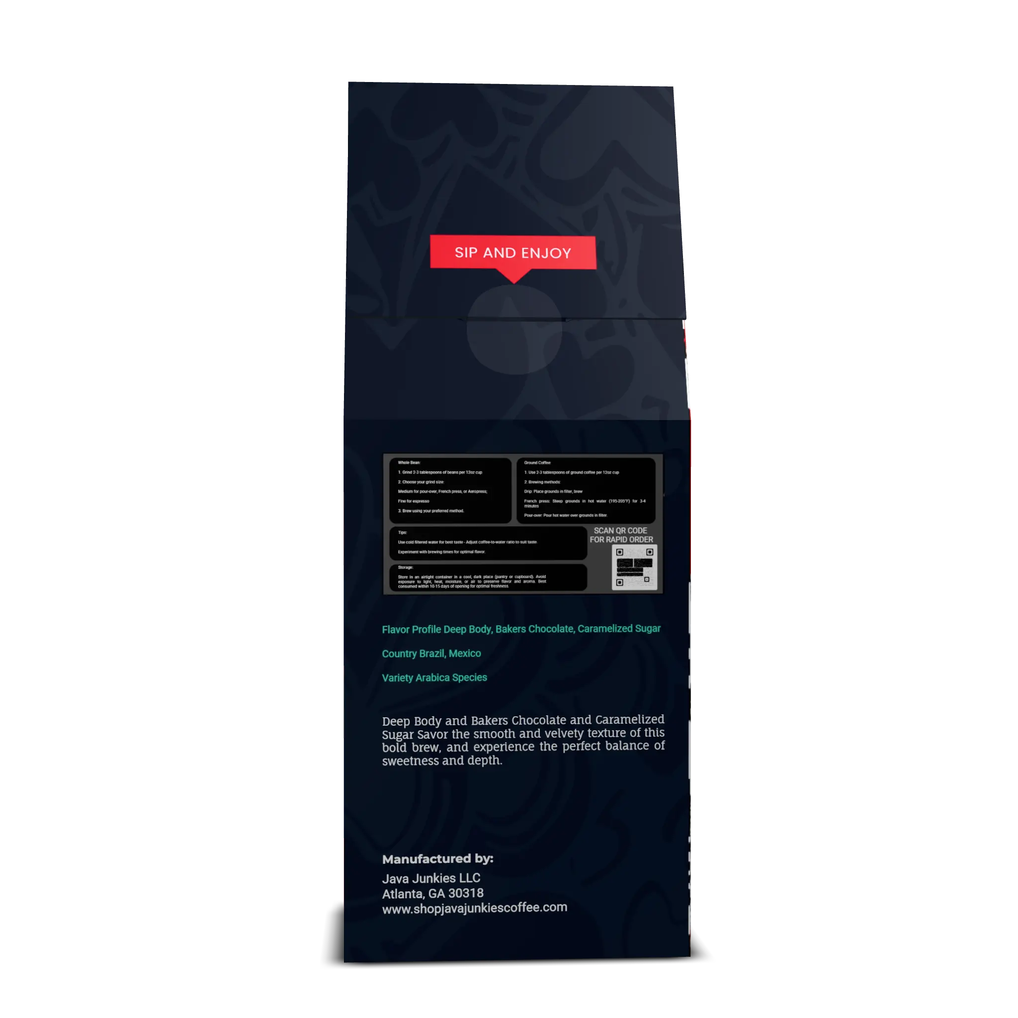 Velvet Nights coffee package with flavor profile details, Brazilian-Mexican blend specialty coffee
