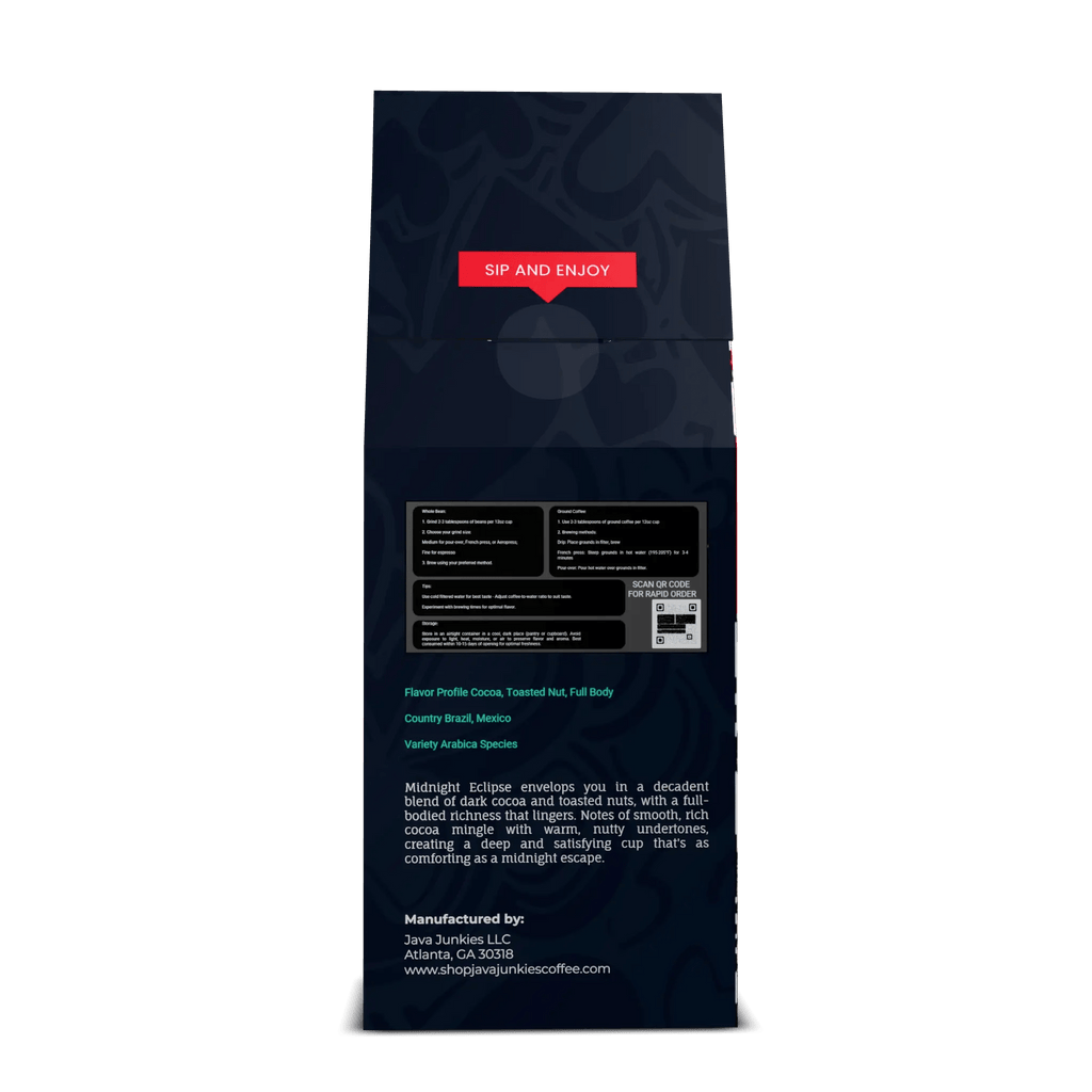 Midnight Eclipse Dark Roast Coffee - Premium Cocoa Toasted Nut Blend 12oz - Java Junkies Whole Bean Specialty Coffee